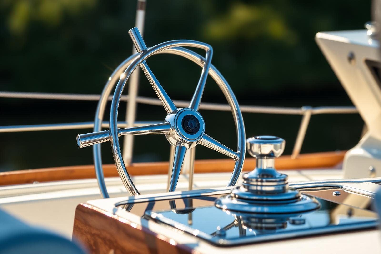 Detail van het roer en de stuurconsole aan boord