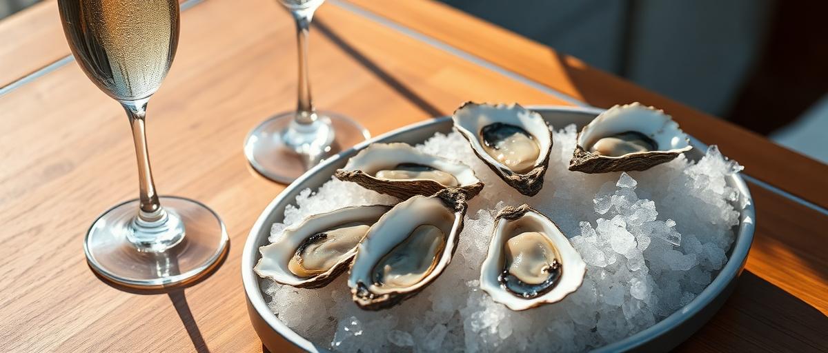 Oesters op ijs naast twee champagneglazen aan boord