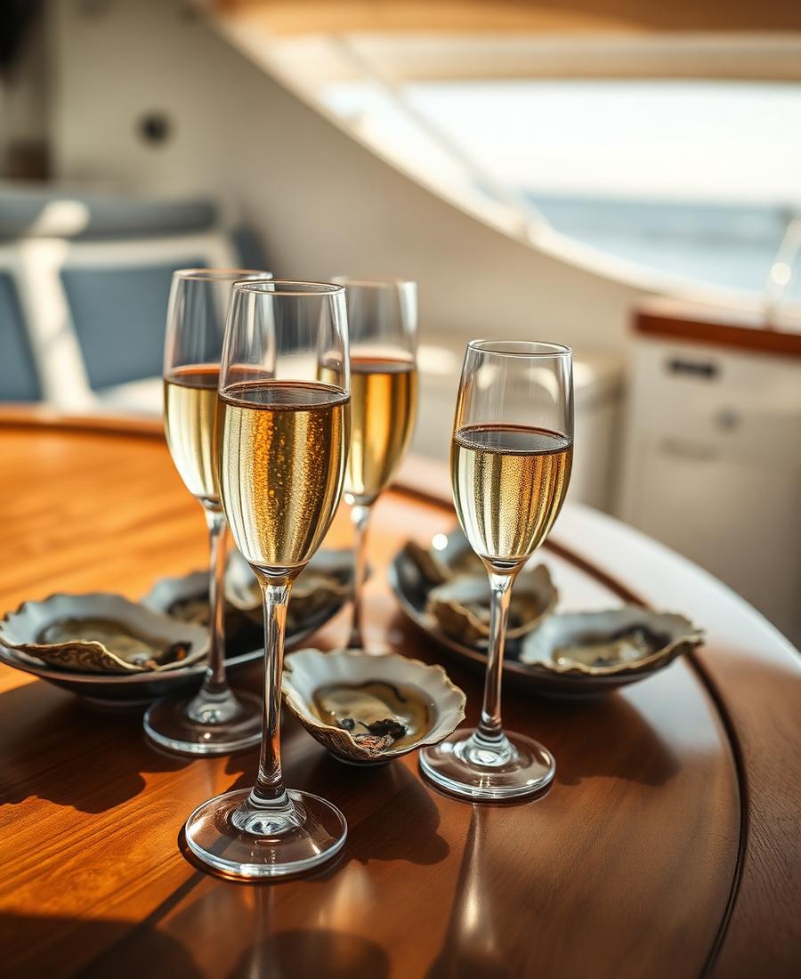 Champagneglazen en oesters op een teakhouten tafel aan boord