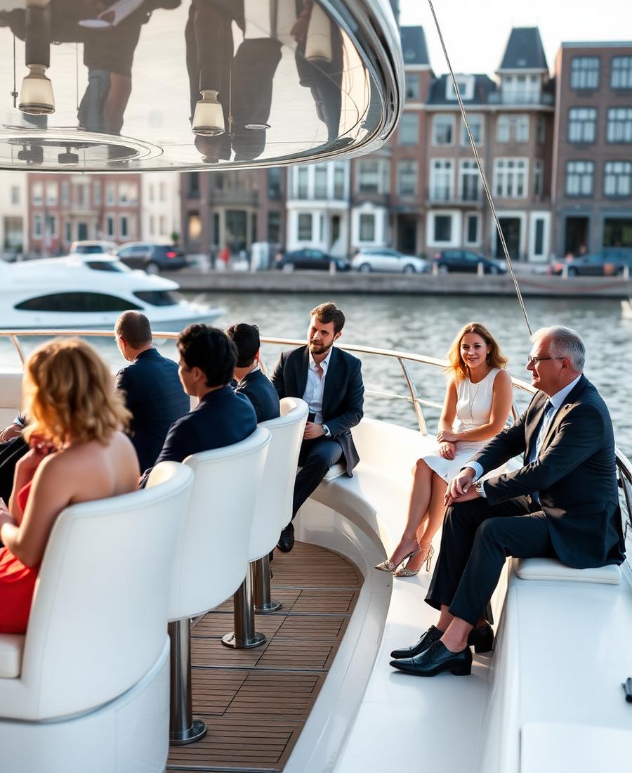 Zakelijke gasten in gesprek op het dek van een jacht aan de Amsterdamse kade