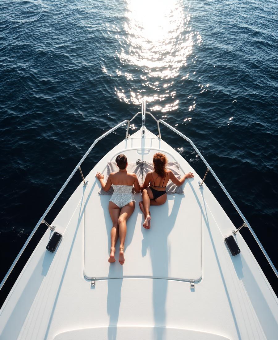 Twee mensen ontspannen op de boeg van een jacht op zonnig, kalm water